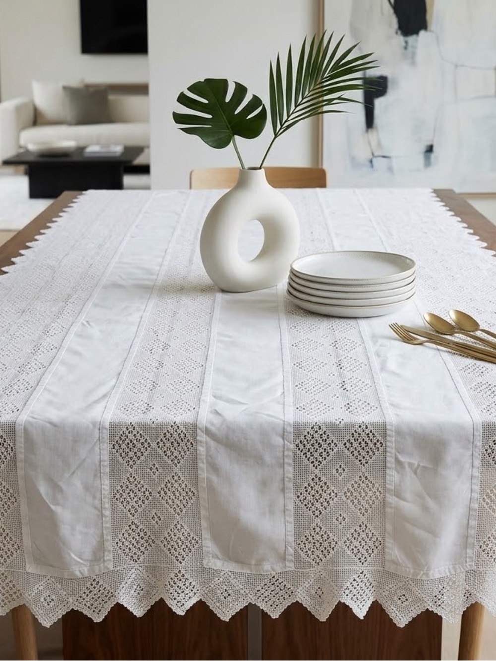 Handmade Vintage White Linen & Crochet Lace Tablecloth/ Bed Cover